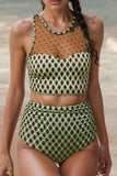 Dotted Mesh Plaid Patchwork High Waisted Swim Set - Trendsi