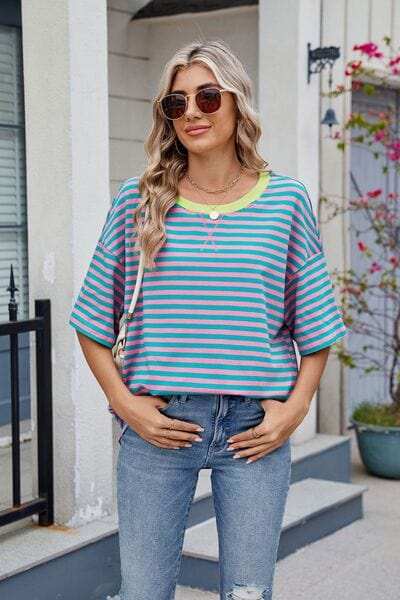 Contrast Striped Round Neck Half Sleeve T-Shirt - Trendsi - Flyclothing LLC