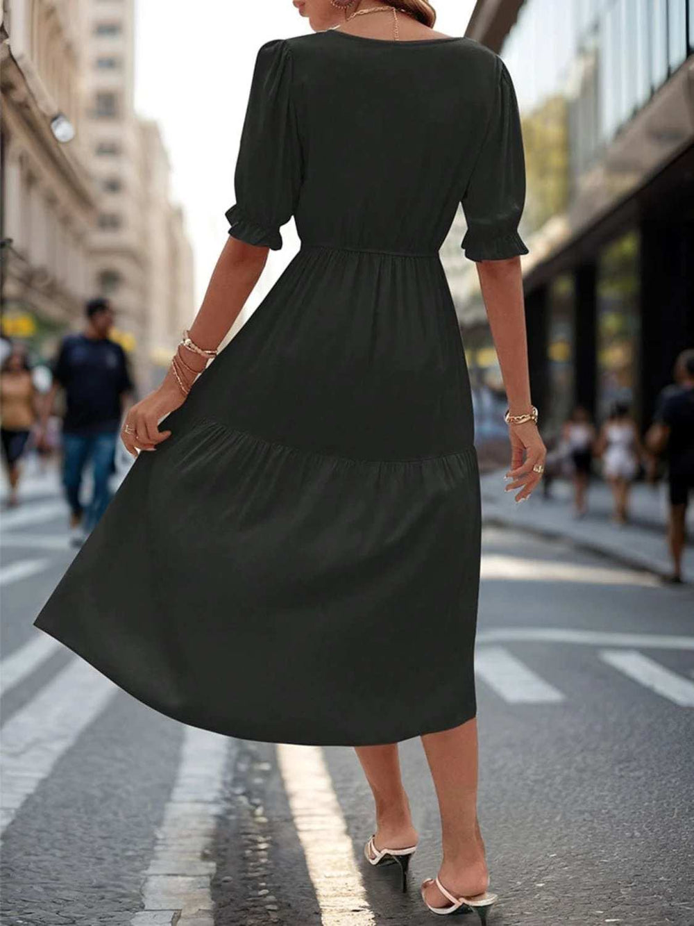 Ruched V-Neck Half Sleeve Midi Dress - Trendsi - Flyclothing LLC