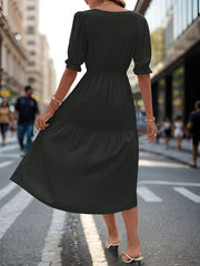 Ruched V-Neck Half Sleeve Midi Dress - Trendsi