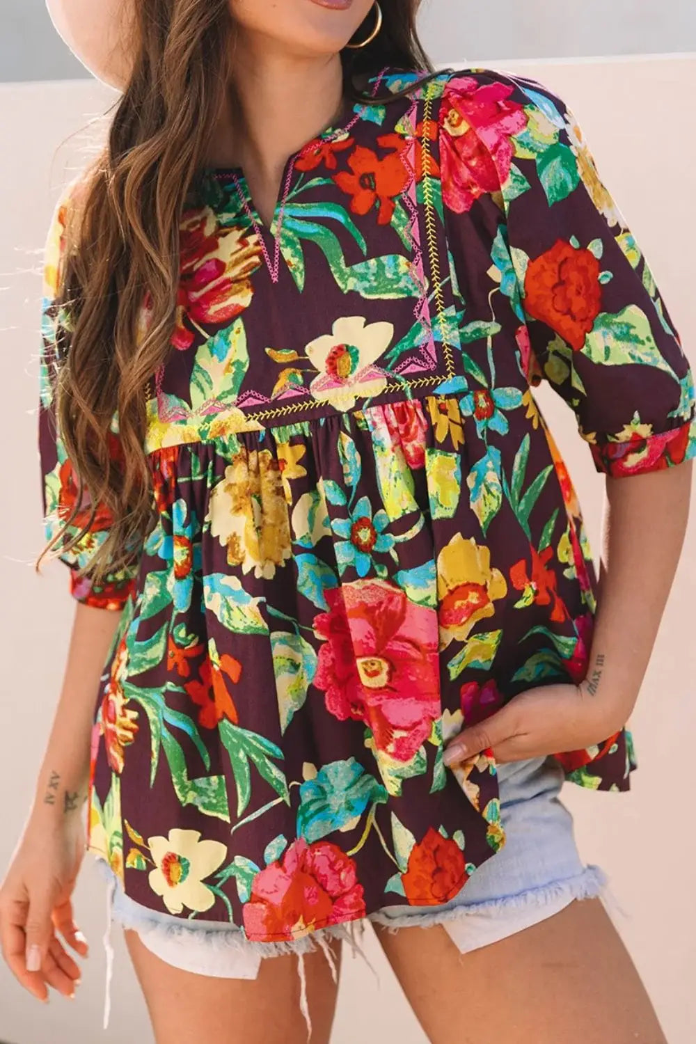 Flower Embroidered Trim Half Sleeve Blouse - Trendsi - Flyclothing LLC