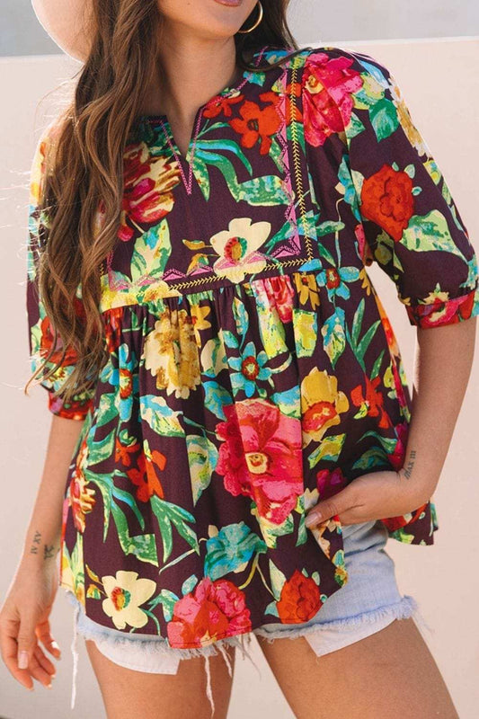 Flower Embroidered Trim Half Sleeve Blouse - Trendsi - Flyclothing LLC