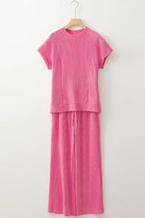 Corded Knit Short Sleeve T-Shirt and Wide Leg Pants Set - Trendsi - Flyclothing LLC