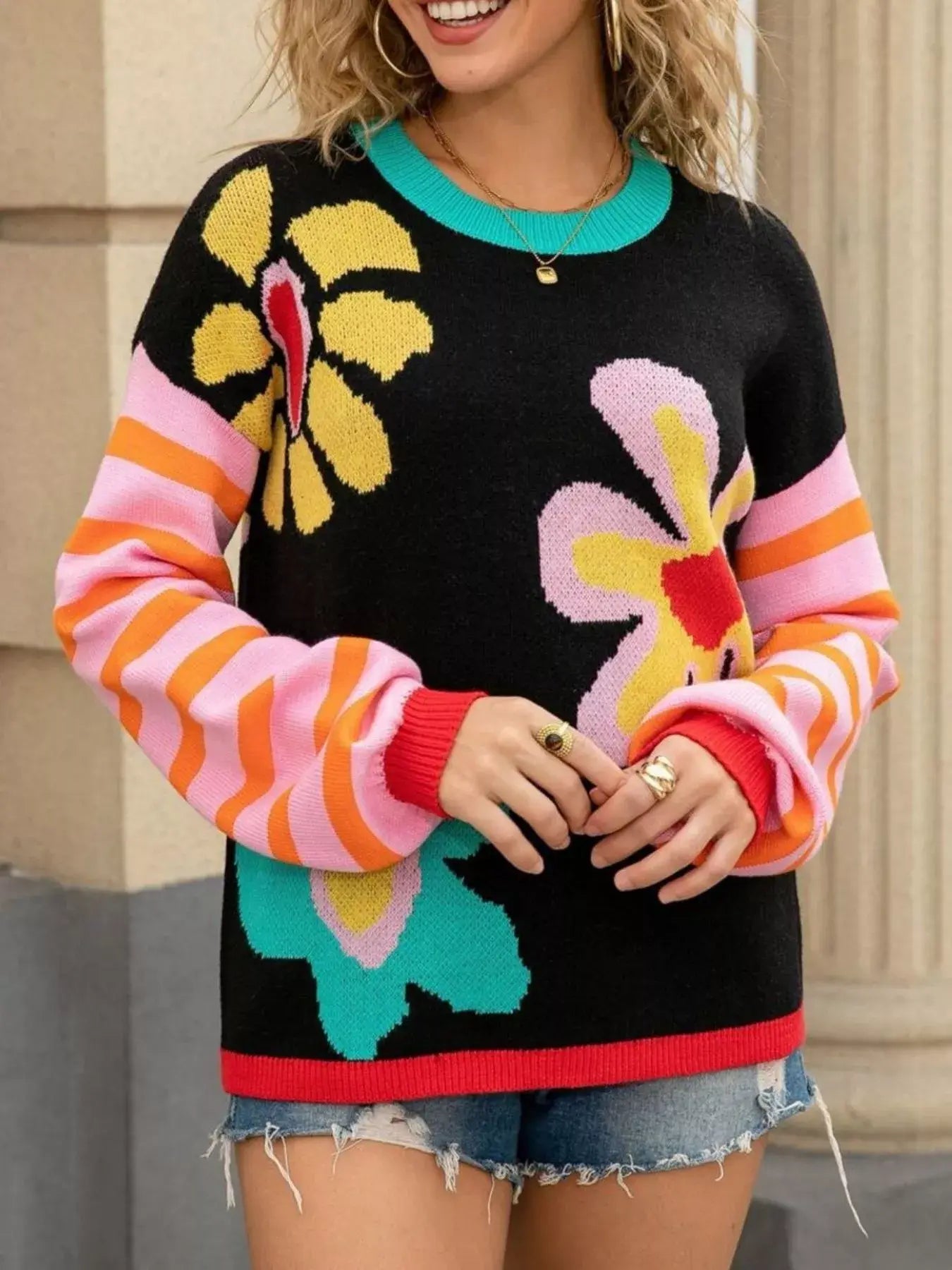 Floral Striped Crew Neck Sweater - Trendsi - Flyclothing LLC