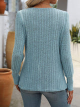 Decorative Button Striped Square Neck Long Sleeve T-Shirt - Trendsi - Flyclothing LLC
