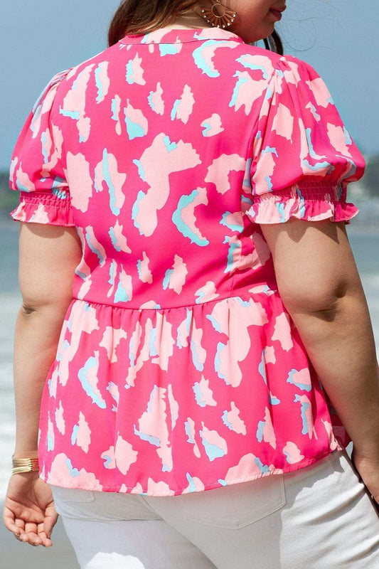 Plus Size Ruffled Printed Notched Short Sleeve Blouse - Trendsi - Flyclothing LLC