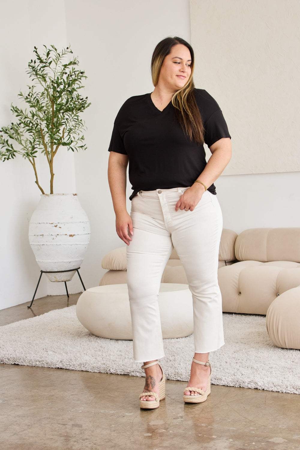 RFM Mini Mia Full Size Tummy Control High Waist Raw Hem Jeans - Trendsi - Flyclothing LLC
