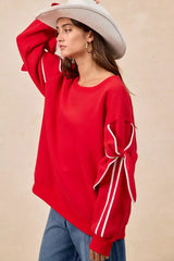 BiBi Bow Detail Sleeves Fleece Sweatshirt - Trendsi - Flyclothing LLC