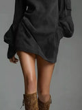 Full Size Suede Turtleneck Lantern Sleeve Mini Dress Plus Size - Trendsi - Flyclothing LLC