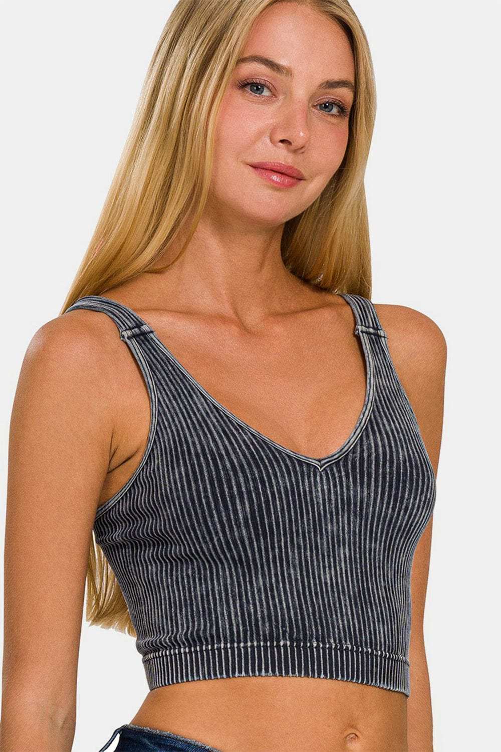 Zenana Washed Ribbed Cropped V-Neck Tank - Trendsi - Flyclothing LLC