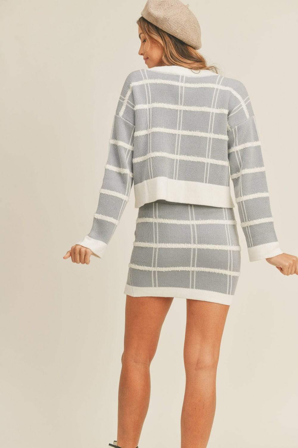 MABLE Plaid Button Down Sweater Cardigan and Mini Skirt Set - Trendsi - Flyclothing LLC