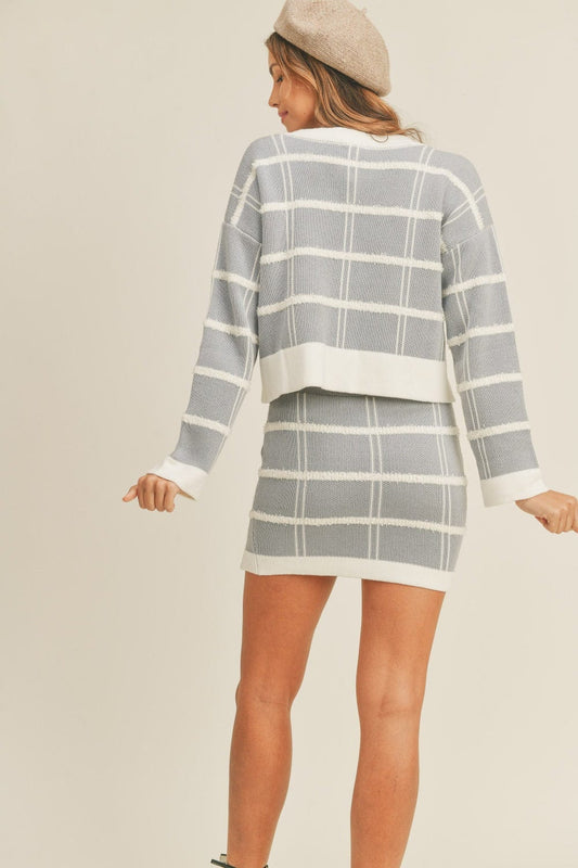MABLE Plaid Button Down Sweater Cardigan and Mini Skirt Set - Trendsi