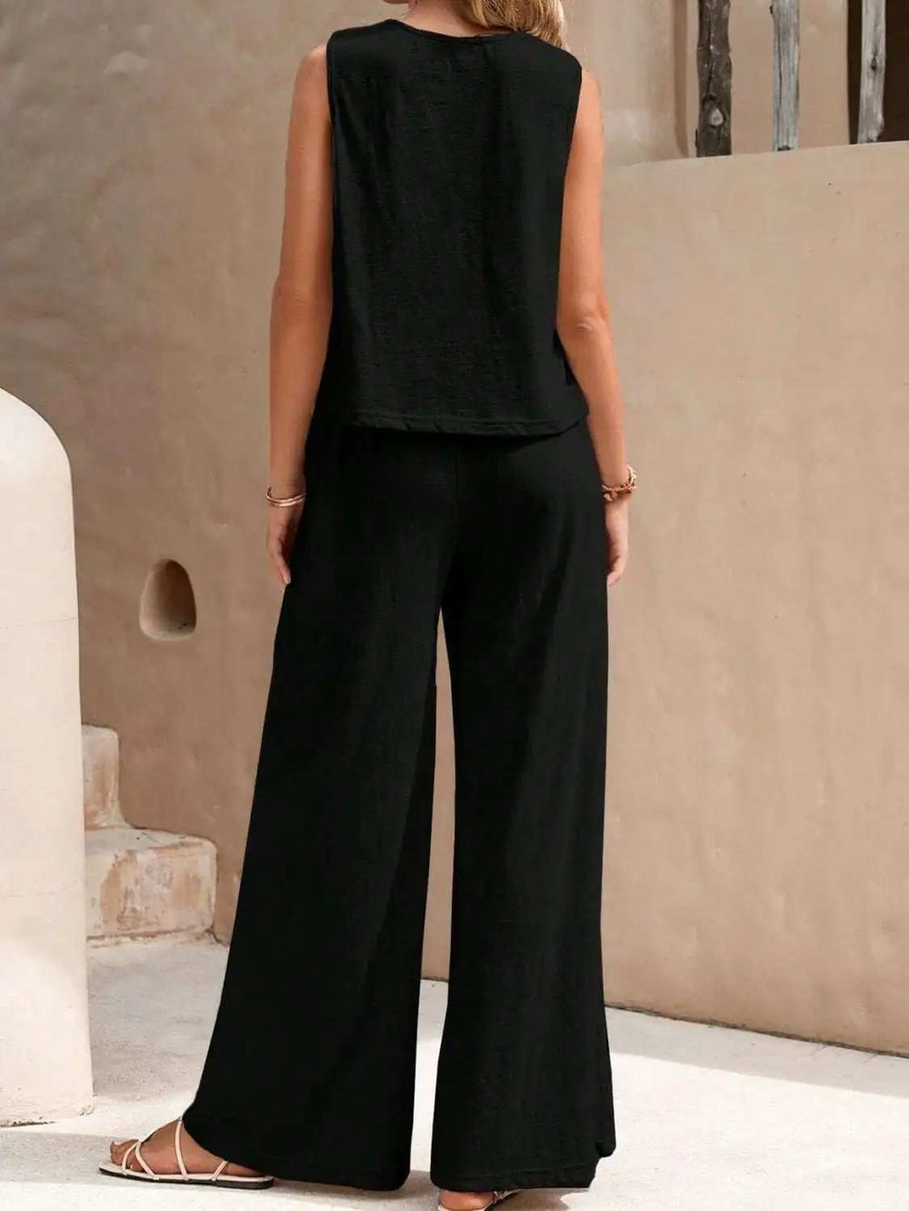 Round Neck Sleeveless Top and Wide Leg Pants Set - Trendsi - Flyclothing LLC