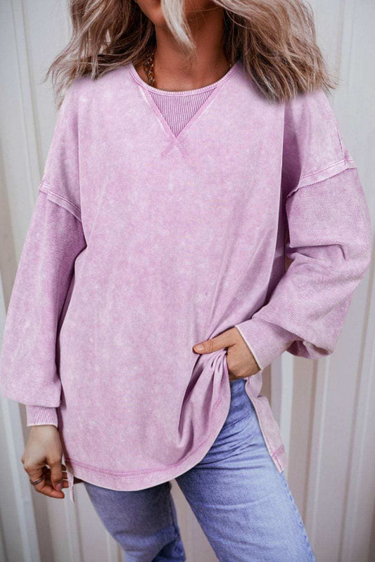 Exposed Seam Round Neck Long Sleeve Sweatshirt - Trendsi - Flyclothing LLC