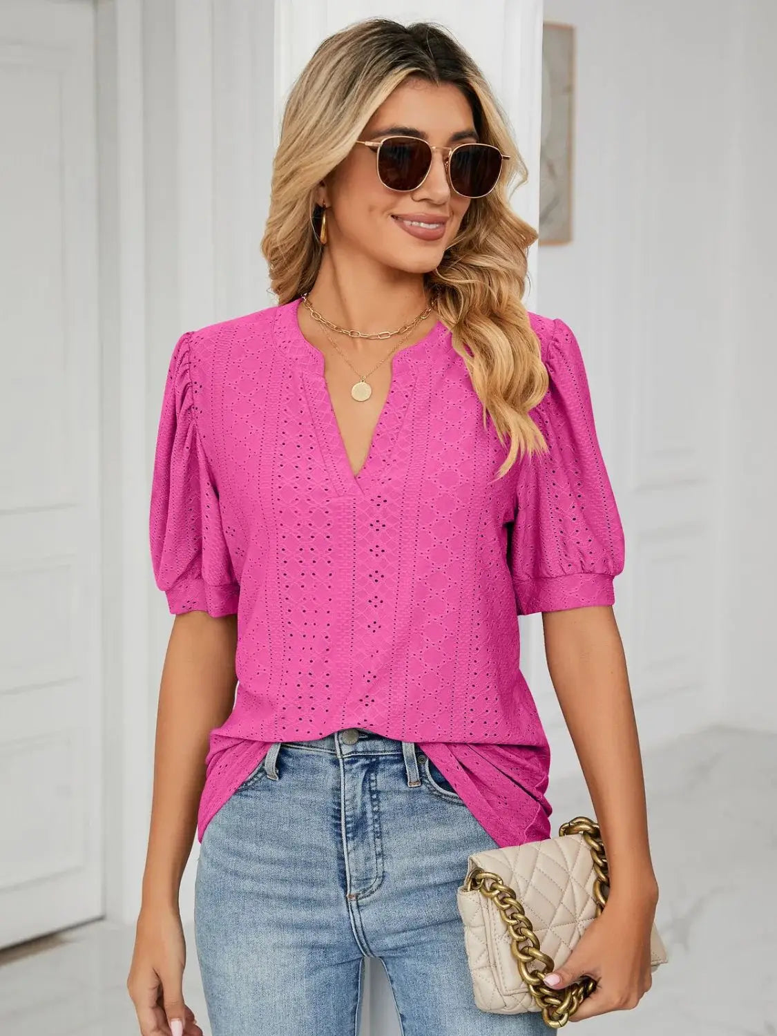 Florira Eyelet Notched Short Sleeve T-Shirt - Trendsi - Flyclothing LLC