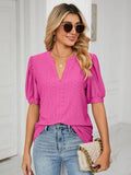 Florira Eyelet Notched Short Sleeve T-Shirt - Trendsi