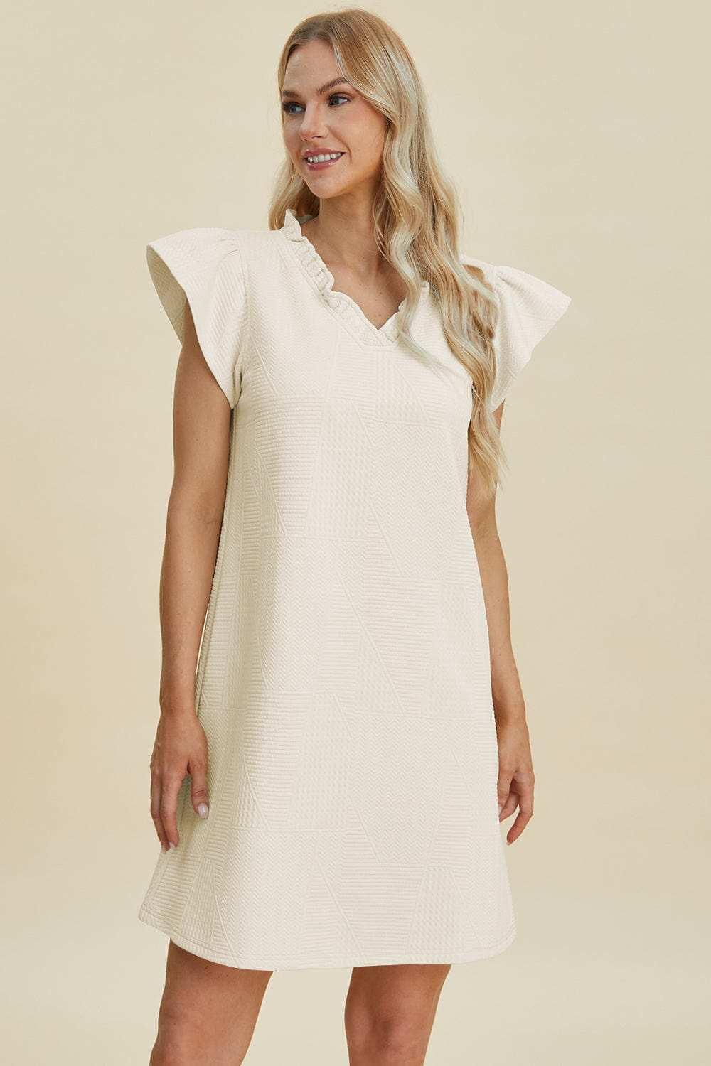 Double Take Full Size Ruffled V-Neck Cap Sleeve Dress - Trendsi - Flyclothing LLC