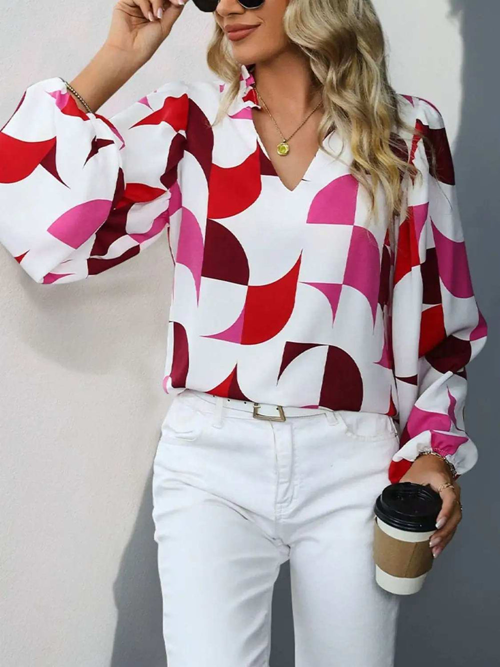 Frill Notched Long Sleeve Blouse - Trendsi - Flyclothing LLC