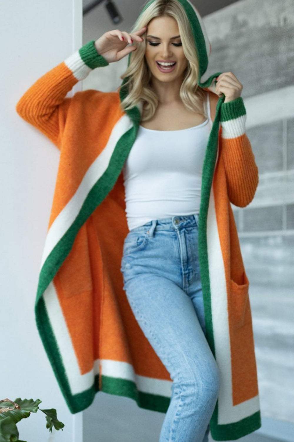 Pocketed Contrast Long Sleeve Hooded Cardigan - Trendsi - Flyclothing LLC