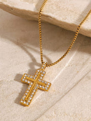 18K Gold-Plated Inlaid Zircon Cross Necklace - Trendsi
