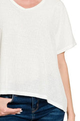 Zenana Ribbed V-Neck Short-Sleeve Knit Top - Trendsi - Flyclothing LLC