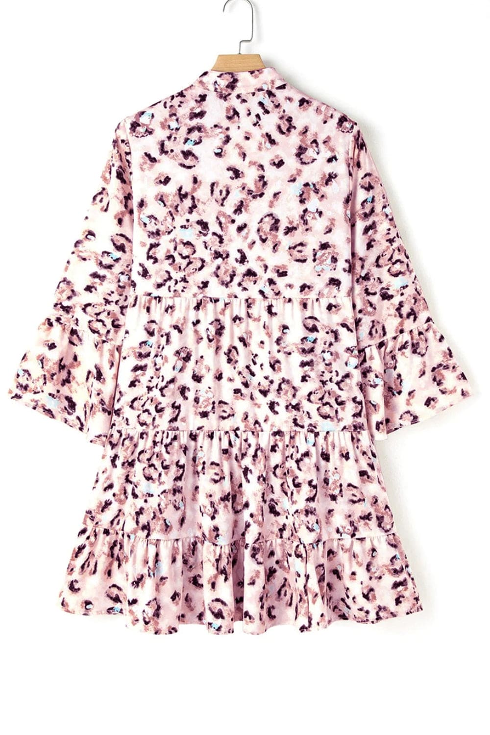 Leopard Notched Long Sleeve Tiered Dress - Trendsi