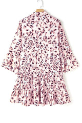 Leopard Notched Long Sleeve Tiered Dress - Trendsi