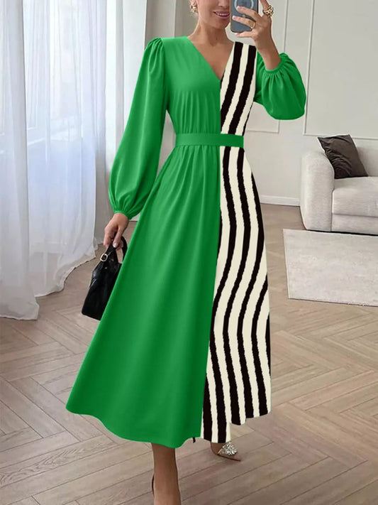 Color Block Striped Long Sleeve Midi Dress - Trendsi - Flyclothing LLC