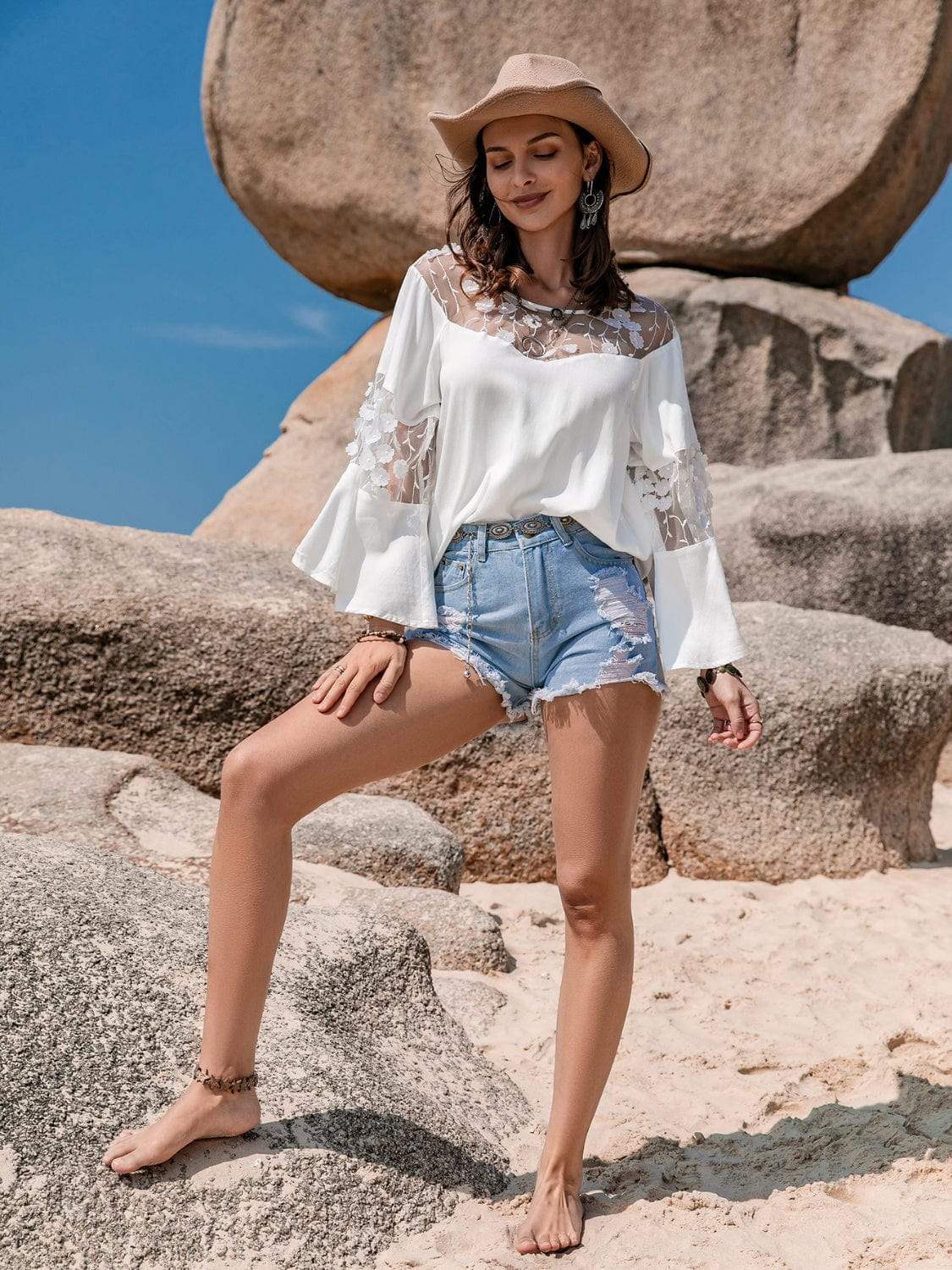Lace Round Neck Long Sleeve Blouse - Trendsi - Flyclothing LLC