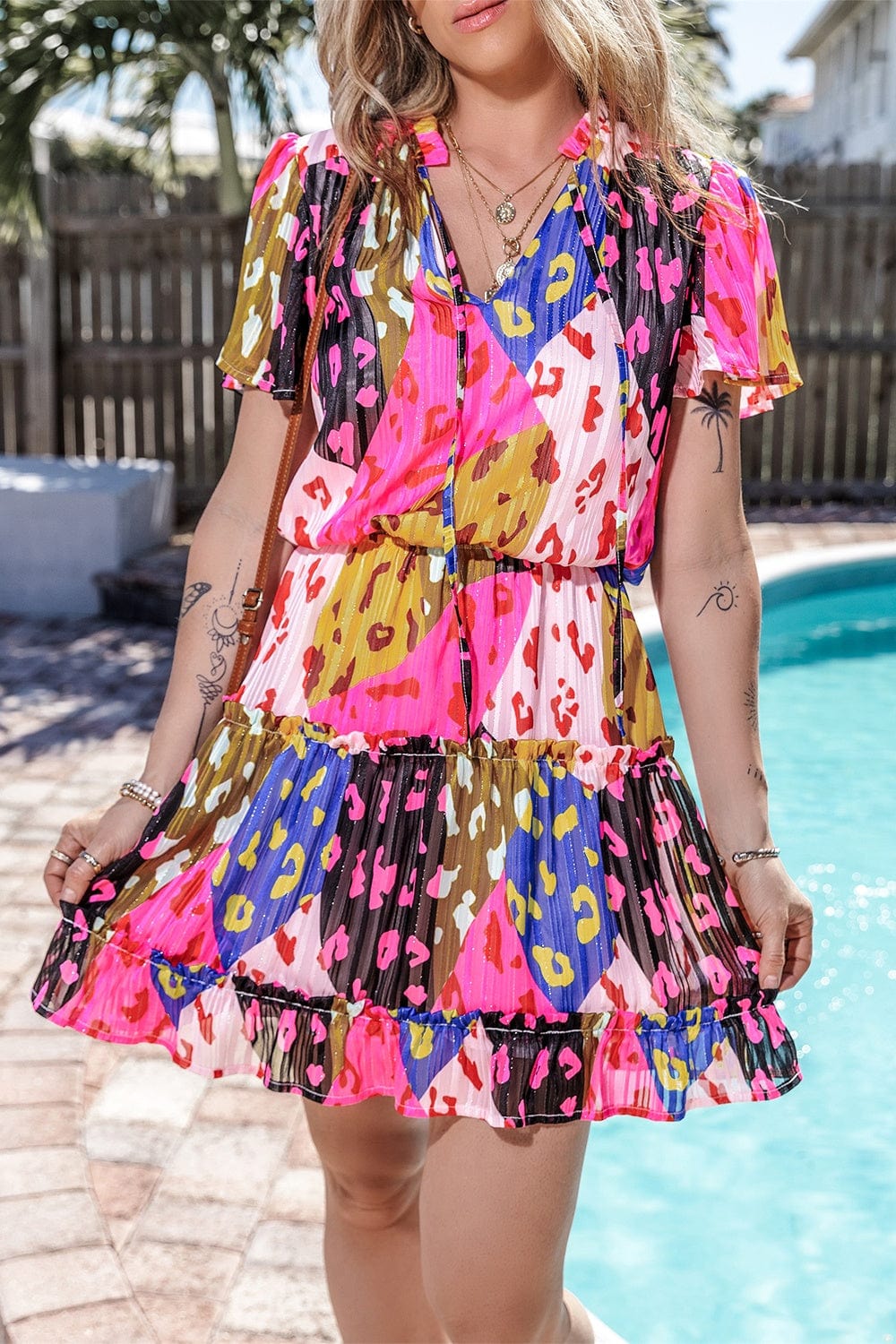 Printed Tie Neck Short Sleeve Mini Dress - Trendsi