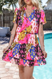 Printed Tie Neck Short Sleeve Mini Dress - Trendsi