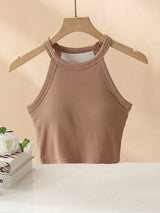 Ribbed Grecian Neck Cropped Tank with Chest Pads - Trendsi - Flyclothing LLC