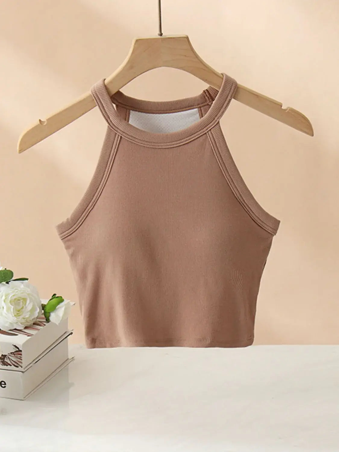 Ribbed Grecian Neck Cropped Tank with Chest Pads - Trendsi - Flyclothing LLC