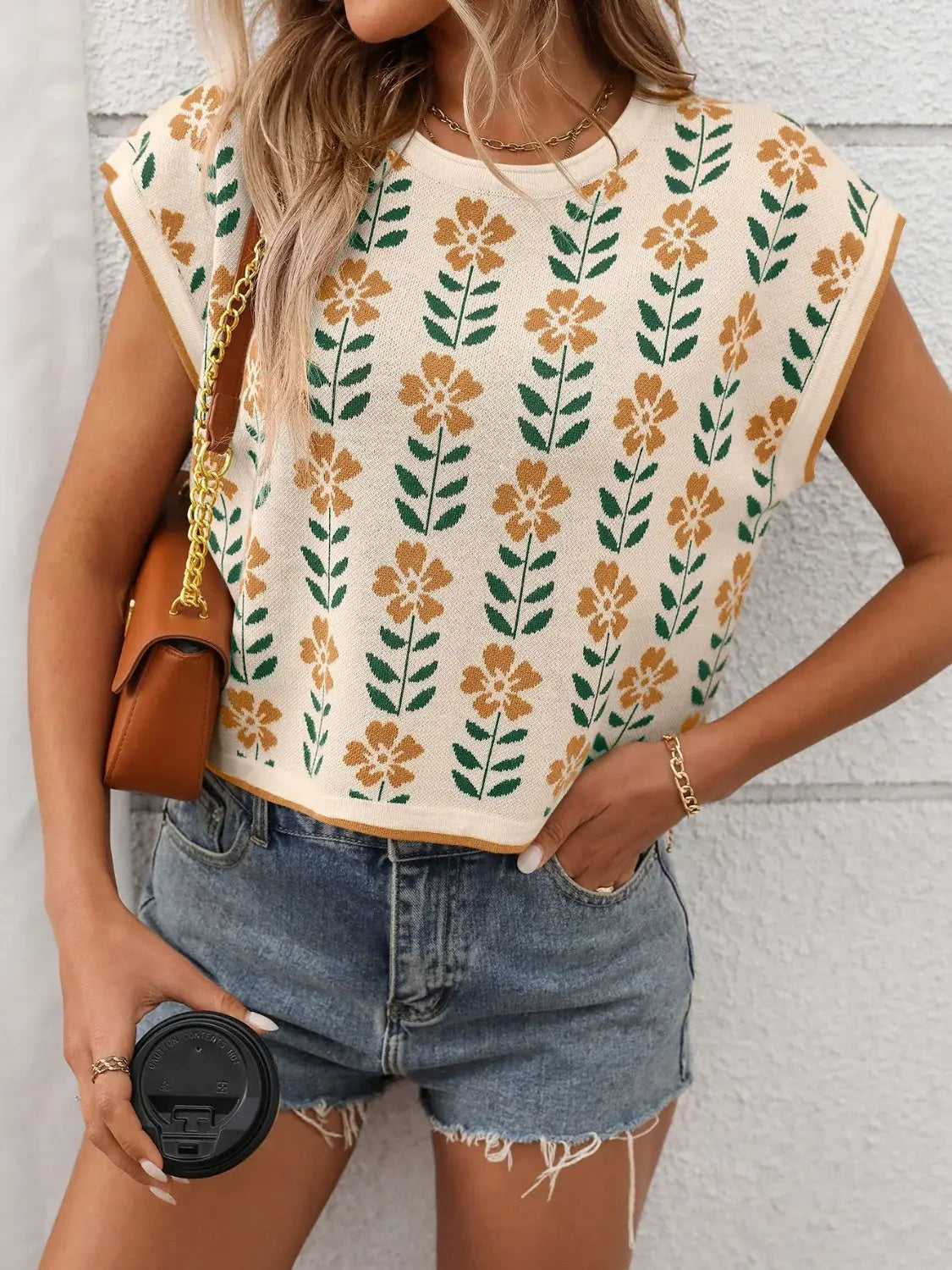 Flower Round Neck Short Sleeve Knit Top - Trendsi - Flyclothing LLC