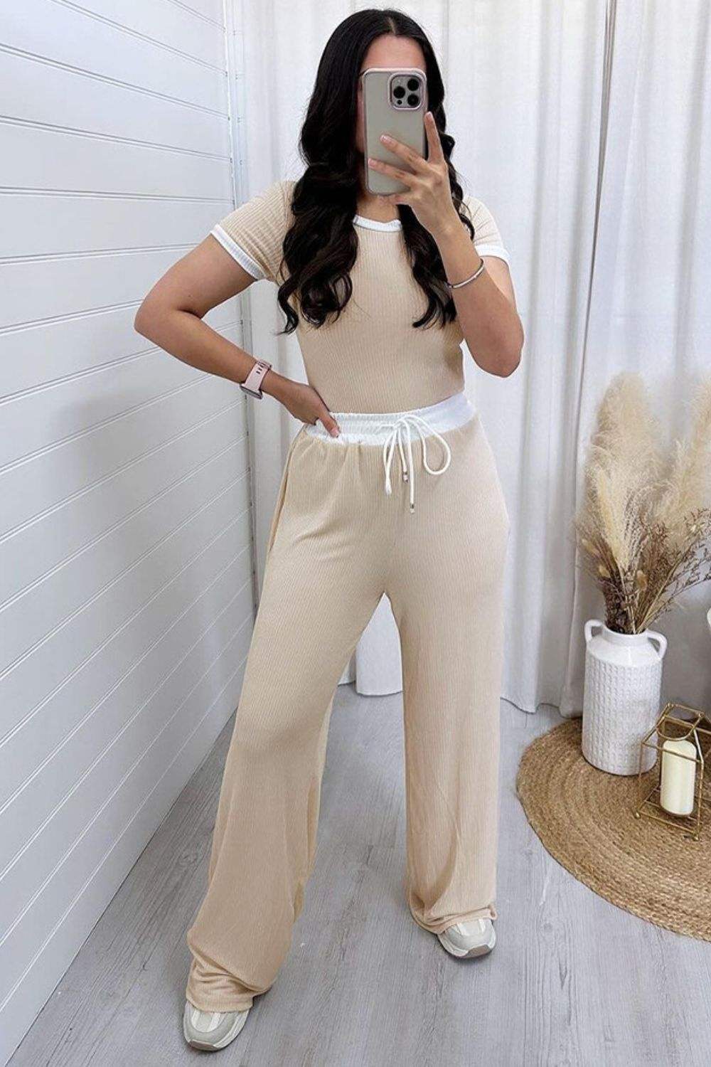 Contrast Trim Round Neck Top and Pants Set - Trendsi - Flyclothing LLC