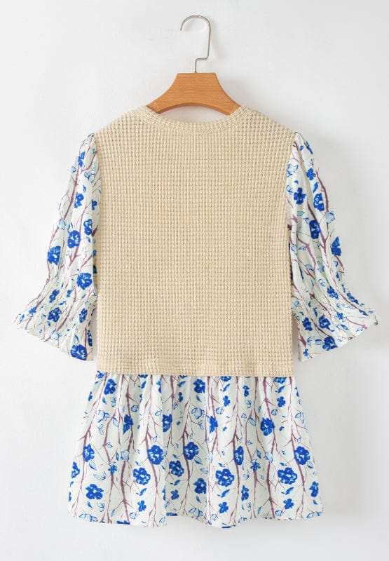 Waffle-Knit Printed Round Neck Flounce Sleeve Blouse - Trendsi - Flyclothing LLC