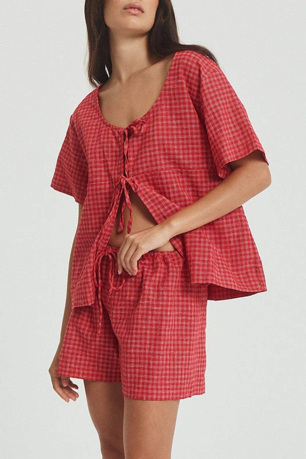 Plaid Tied Scoop Neck Short Sleeve Top and Drawstring Shorts Set - Trendsi - Flyclothing LLC
