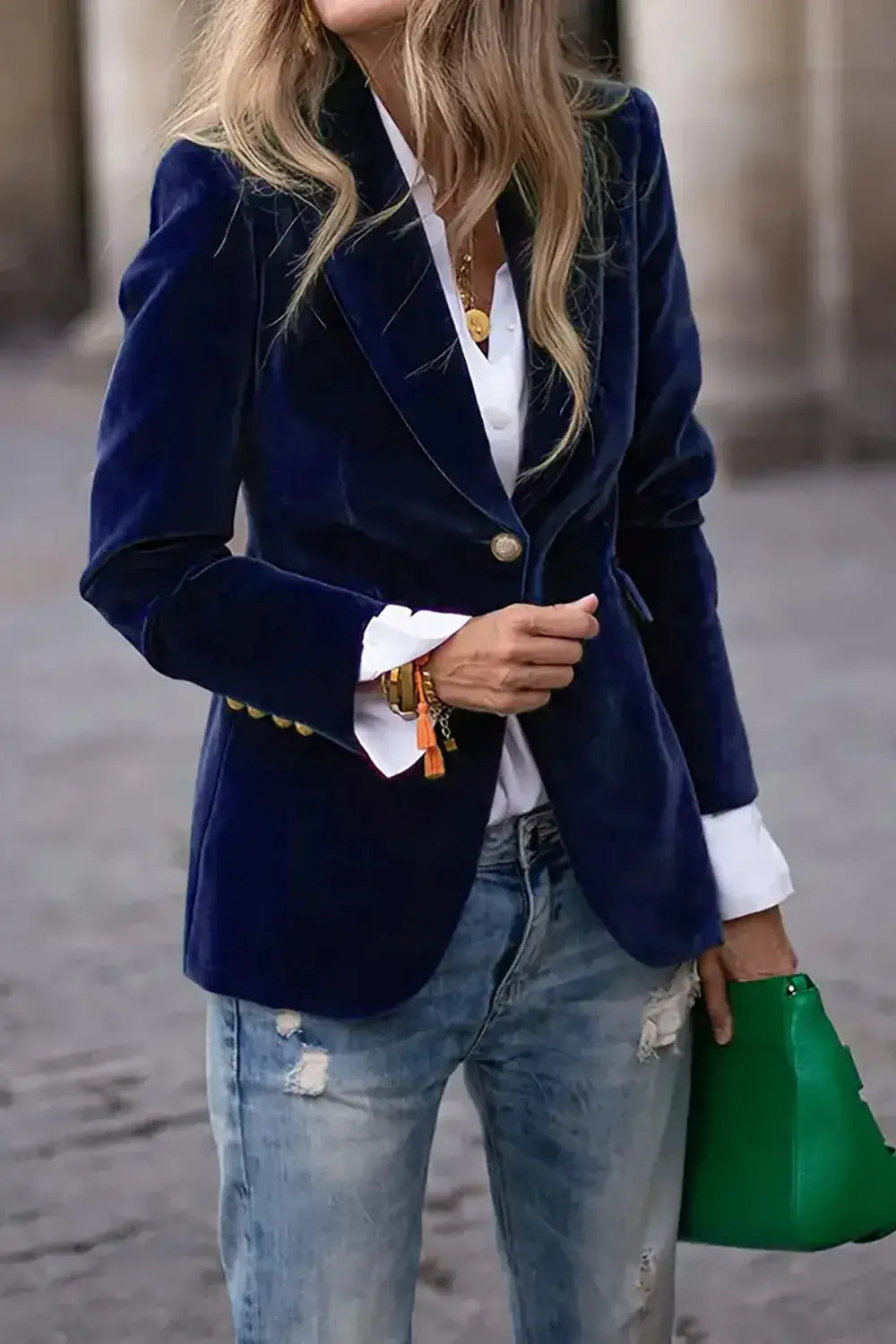 One Button Lapel Collar Long Sleeve Blazer - Trendsi - Flyclothing LLC