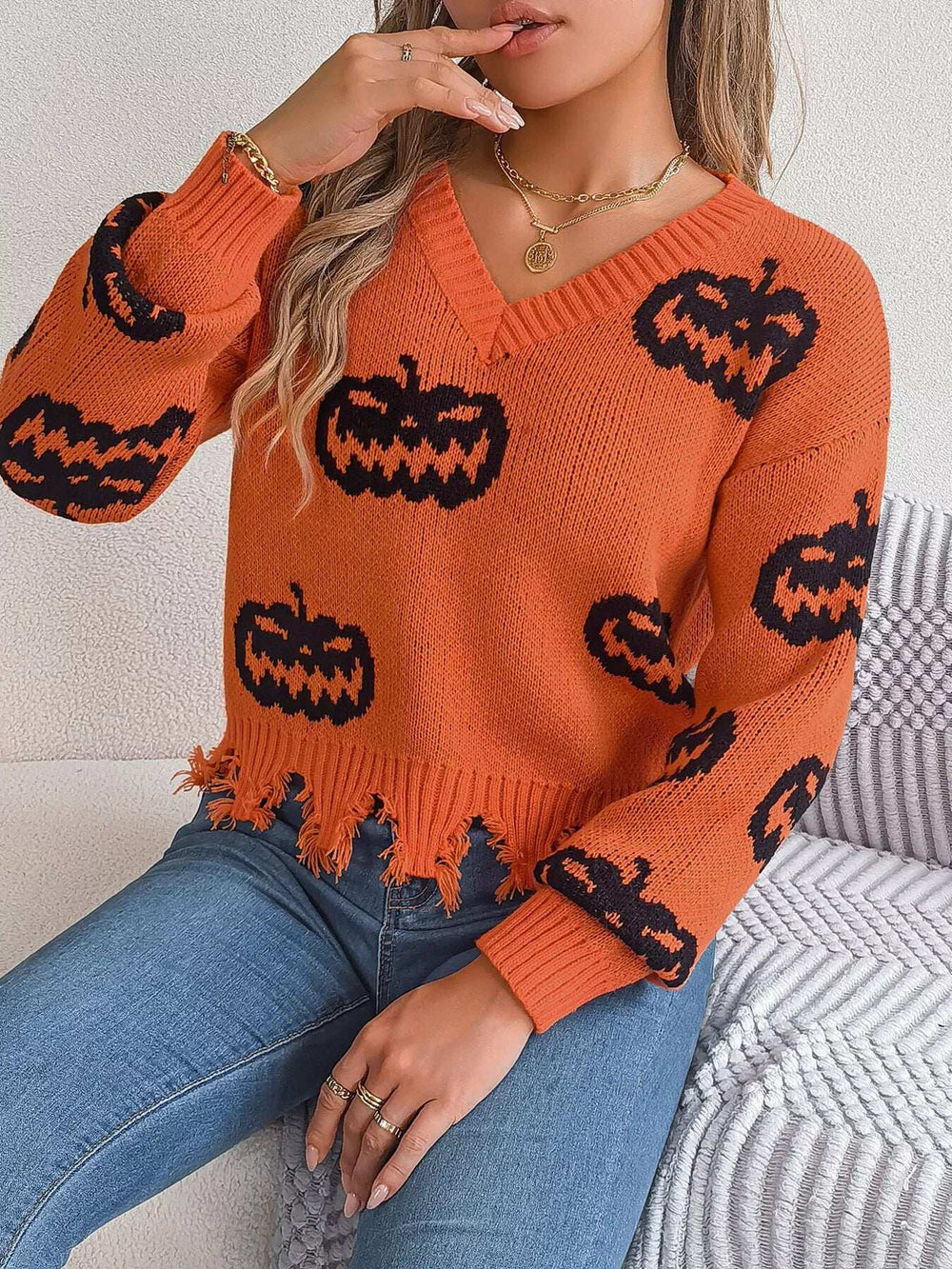 Halloween Pumpkin Pattern Raw Hem V-Neck Sweater - Trendsi - Flyclothing LLC