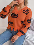 Halloween Pumpkin Pattern Raw Hem V-Neck Sweater - Trendsi - Flyclothing LLC