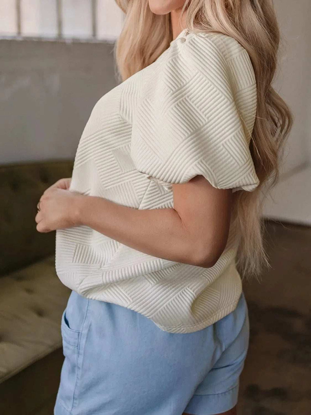 Textured Puff Sleeve T-Shirt - Trendsi - Flyclothing LLC