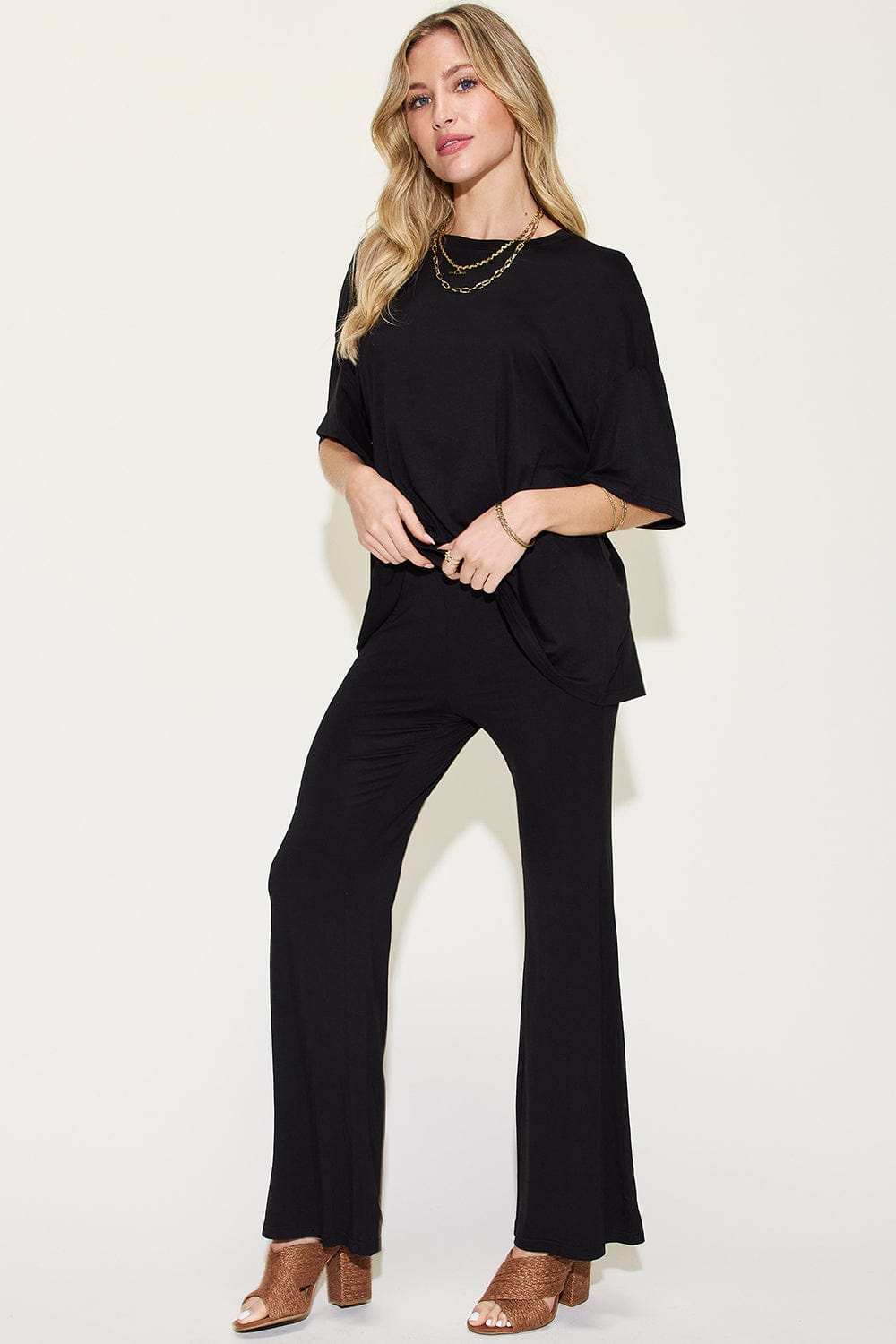 Basic Bae Full Size Bamboo Drop Shoulder T-Shirt and Flare Pants Set - Trendsi - Flyclothing LLC