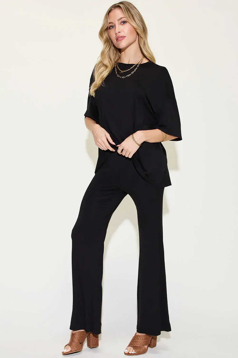 Basic Bae Full Size Bamboo Drop Shoulder T-Shirt and Flare Pants Set - ShopBasicbae - Flyclothing LLC