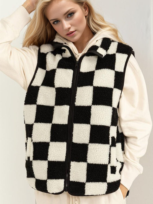 Double Take Full Size Zip Up Checkered Vest Cost - Trendsi