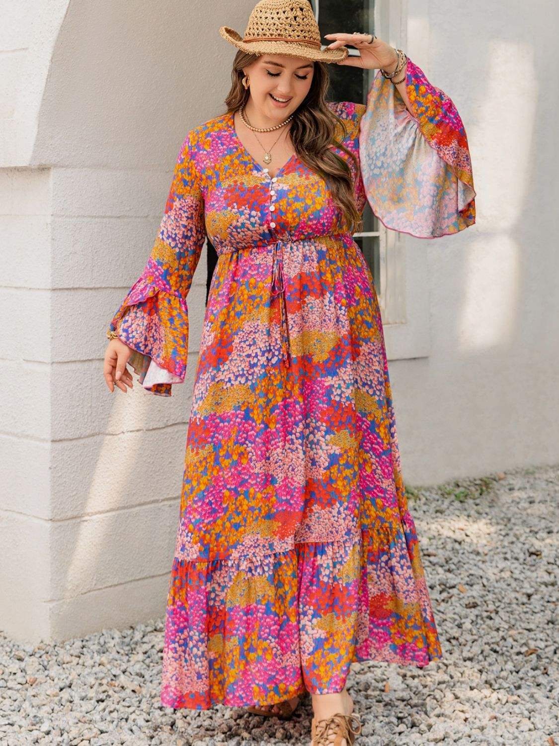 Plus Size Printed V-Neck Long Sleeve Maxi Dress - Trendsi - Flyclothing LLC