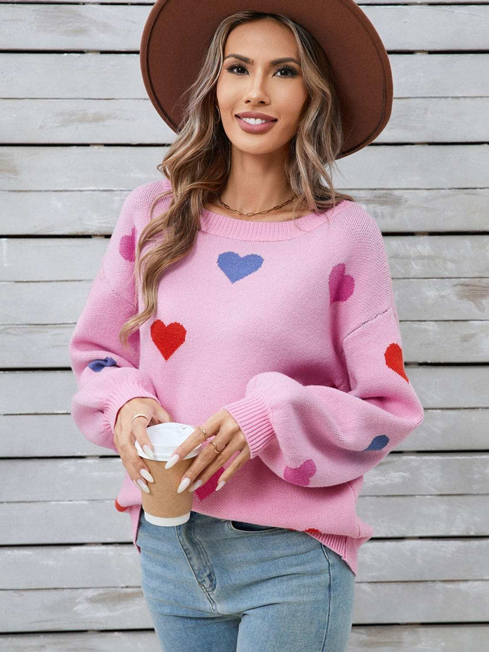 Angel Wings Heart Round Neck Long Sleeve Sweater - Trendsi - Flyclothing LLC