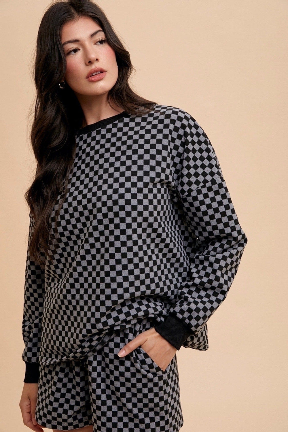 Annie Wear Checkered Round Neck Top and Drawstring Shorts Set - Trendsi