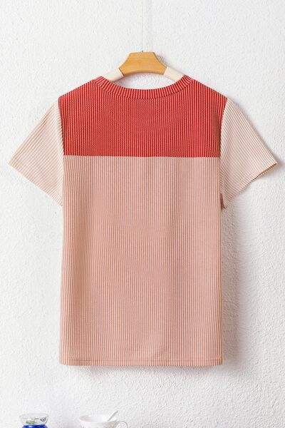 Color Block Round Neck Short Sleeve T-Shirt - Trendsi - Flyclothing LLC