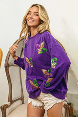 BiBi Fleur De Lis Sequin Patches Mardi Gras Sweatshirt - Trendsi - Flyclothing LLC