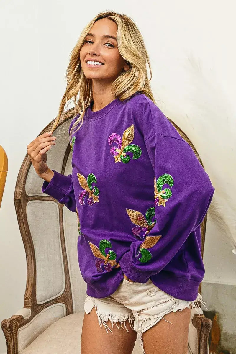 BiBi Fleur De Lis Sequin Patches Mardi Gras Sweatshirt - Trendsi - Flyclothing LLC